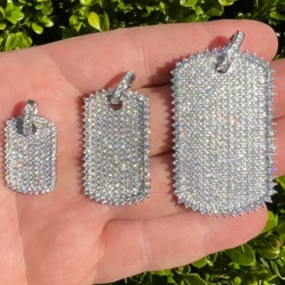 solid 925 silver dog tag iced hip hop pendant necklace - 3 sizes for men ladies